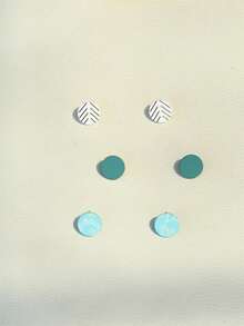 3对天蓝色和海军蓝条纹印花陶瓷质感个性化圆形亚克力耳环 - 彩色 - 查看 5