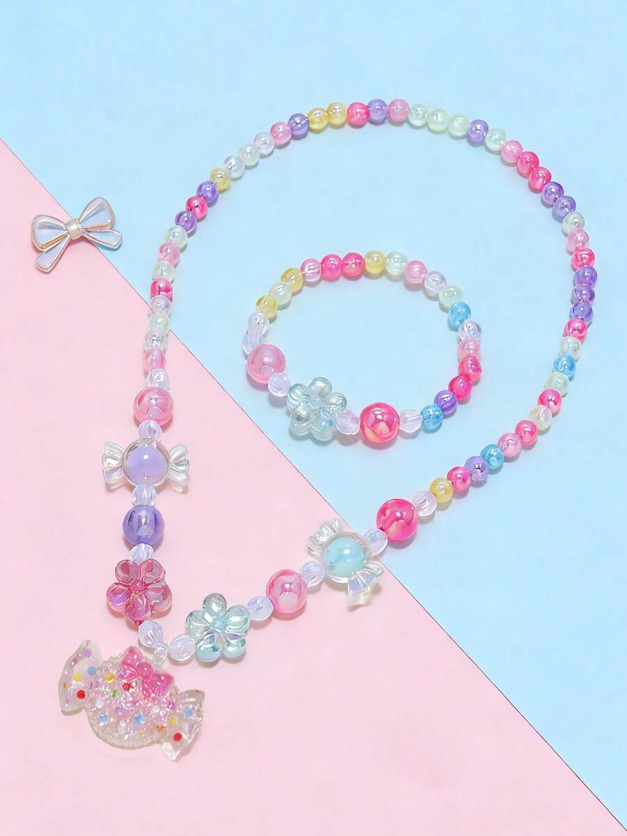 2pcs/Set Girls Cute Ice Cream Pendant Necklace And Beaded Bracelet Jewelry Set, Suitable For Festivals, Parties, Birthdays, And Daily Wear - one-size - View 1