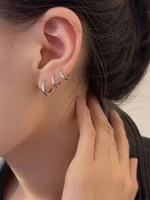 3pcs/Set Stainless Steel Basic Hoop Earrings, 8mm/10mm/12mm Earring Set For Women - Silver - View 2