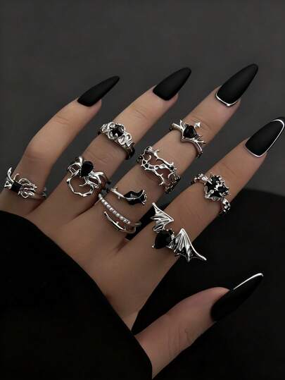 8件套暗黑哥特风仿宝石水晶蜘蛛心形戒指套装，多元素荆棘玫瑰花油滴水晶戒指（女士款）