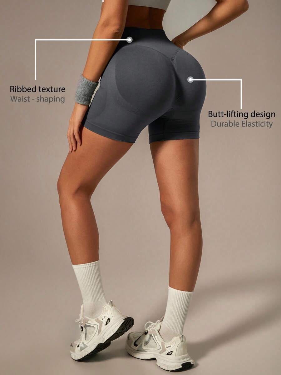 NcmRyu Women's Ono Pc Ribbed Solid Color High Waist Elastic Slim Fit Sports Shorts - Xám - Xem 1