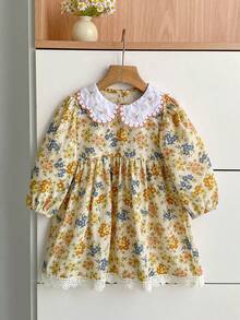 Vintage Style Floral Lace Trim Girls Dress Spring Ditsy Floral Peter Pan Collar Long Sleeve Sweet Children's Dress - Ginger - View 2