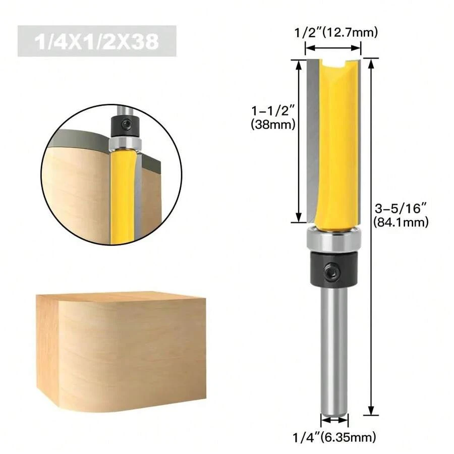 Broca enrutadora de ajuste al ras de hoja larga de vástago de 1/4 y 8mm con rodamiento para broca de patrón de plantilla de madera fresa de carburo de tungsteno T6TT - 6,35x12,7x38 - Ver 1