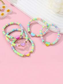 5pcs/Set Kids' Fashion Dopamine Rainbow Handmade Woven Soft Clay & Zinc Alloy Heart Flower Pattern Bracelet Set, Suitable For Daily Wear, Festivals, Gift - Multicolor - View 3