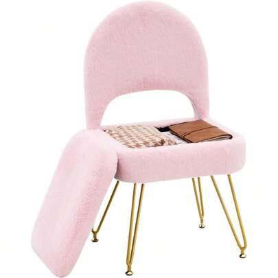 Vanity Stool Chair With Folding Back, Storage Ottomans Faux Fur Vanity Chair, Multifunctional Upholstered Footstool With 4 Metal With Anti-Slip Feet Bedroom Living Room Entryway