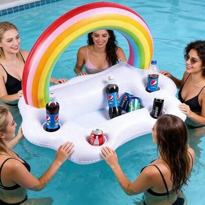 1pc Inflatable Rainbow Ice Bucket Drink Holder, Rainbow Food Tray, Drink Tray, Ice Bucket With Drink Rack, Durable PVC Rainbow Cloud Inflatable Pool Float, Perfect For Summer Parties And Beach Fun