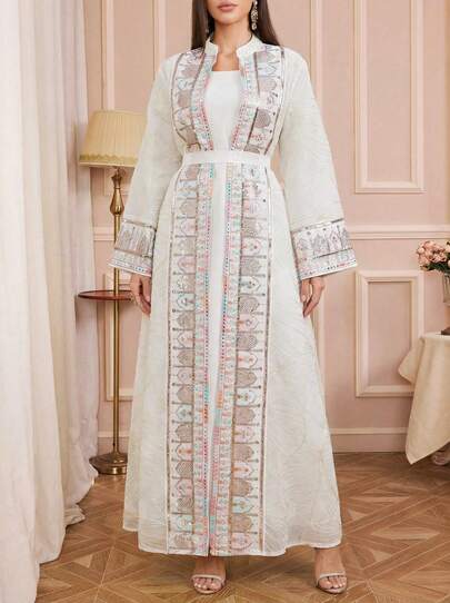 Solessence Elegant & Fashionable Tropical Print Geometric Pattern Sequin Patchwork Abaya Dress, Suitable For Holidays, Weddings, Vacations, All Seasons