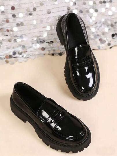 女士厚底乐福鞋，漆皮黑色便士乐福鞋，时尚办公商务学校正式休闲舒适一脚蹬鞋