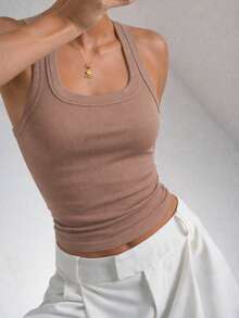 Women's Ribbed Tank Top With Square Neckline, U-Shaped Wide Straps, Premium Comfortable Ribbed Knit - Camel - View 2