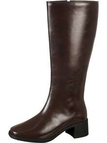 Women's High-Top Boot With Smooth Square Toe And Medium Block Heel - Classic, Comfortable, And Elegant - GiGiL - 咖啡棕 - 查看 3