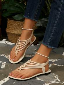 经典、舒适、时尚的女士平底人字拖、凉鞋 - 米色 - 查看 4