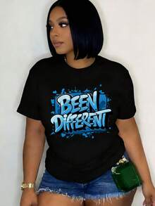 Women's Oversized Graphic Short-Sleeve Tee Blue Graffiti Inspired Design 'S Comfit Fashionable Women ClothingRetro Y2K Lovers Campus Commute, Music Festivals, Brunch Dates Blend Top - 黑色 - 查看 10