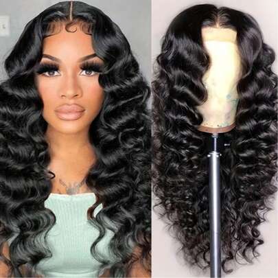 180%密度 4x4蕾丝闭合假发，蓬松深波浪真人发透明蕾丝假发，预先拔毛，蓬松卷曲蕾丝前额真人发假发，自然色