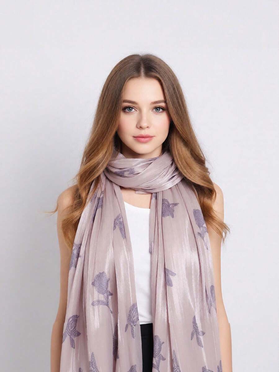 1pc Women's New Arrival Island Silk Embroidered Long Scarf Shawl, Beach Cover-Up Accessory - Multicolor - View 1
