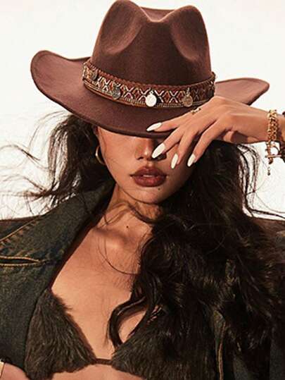 1 chiếc mũ unisex dành cho nam và nữ, màu nâu, kiểu cao bồi miền Tây cổ điển, chất liệu nỉ pha len, có mặt dây chuyền hình đồng xu, chống nắng và chắn gió, kiểu dáng cao bồi miền Tây cổ điển, phong cách Boho retro, thích hợp để đội hàng ngày, đi du lịch, tham dự lễ hội Rodeo, Halloween và các buổi tiệc cosplay.