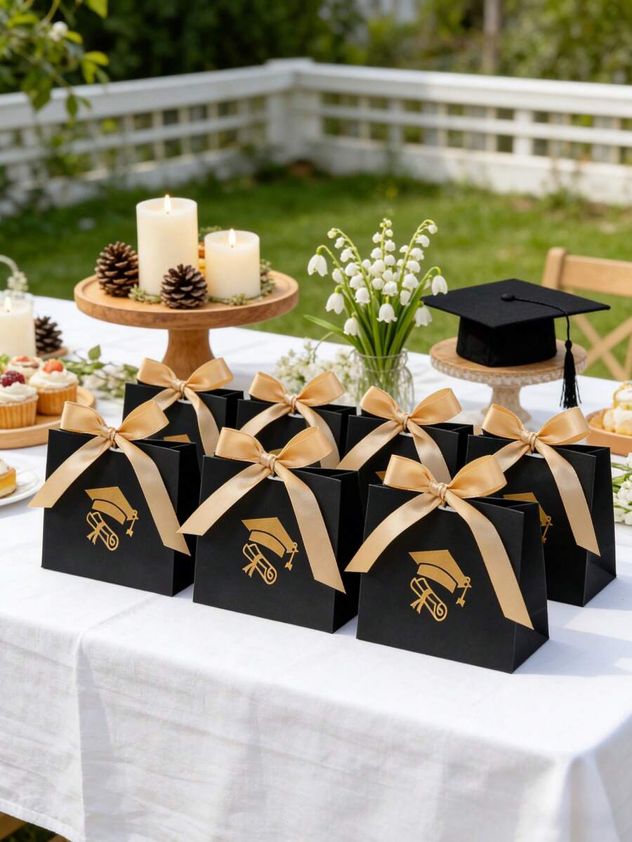 5个优雅黑色毕业礼品袋，饰以金色箔纸和缎带，内含毕业帽、毕业证书和缎带——是毕业派对用品和礼品包装的完美之选 - 多色 - 查看 1