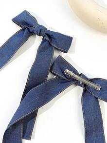 2 chiếc kẹp tóc nơ dễ thương bằng vải denim màu trơn dành cho nữ, phù hợp để sử dụng hàng ngày. - Màu xanh lam - Xem 4