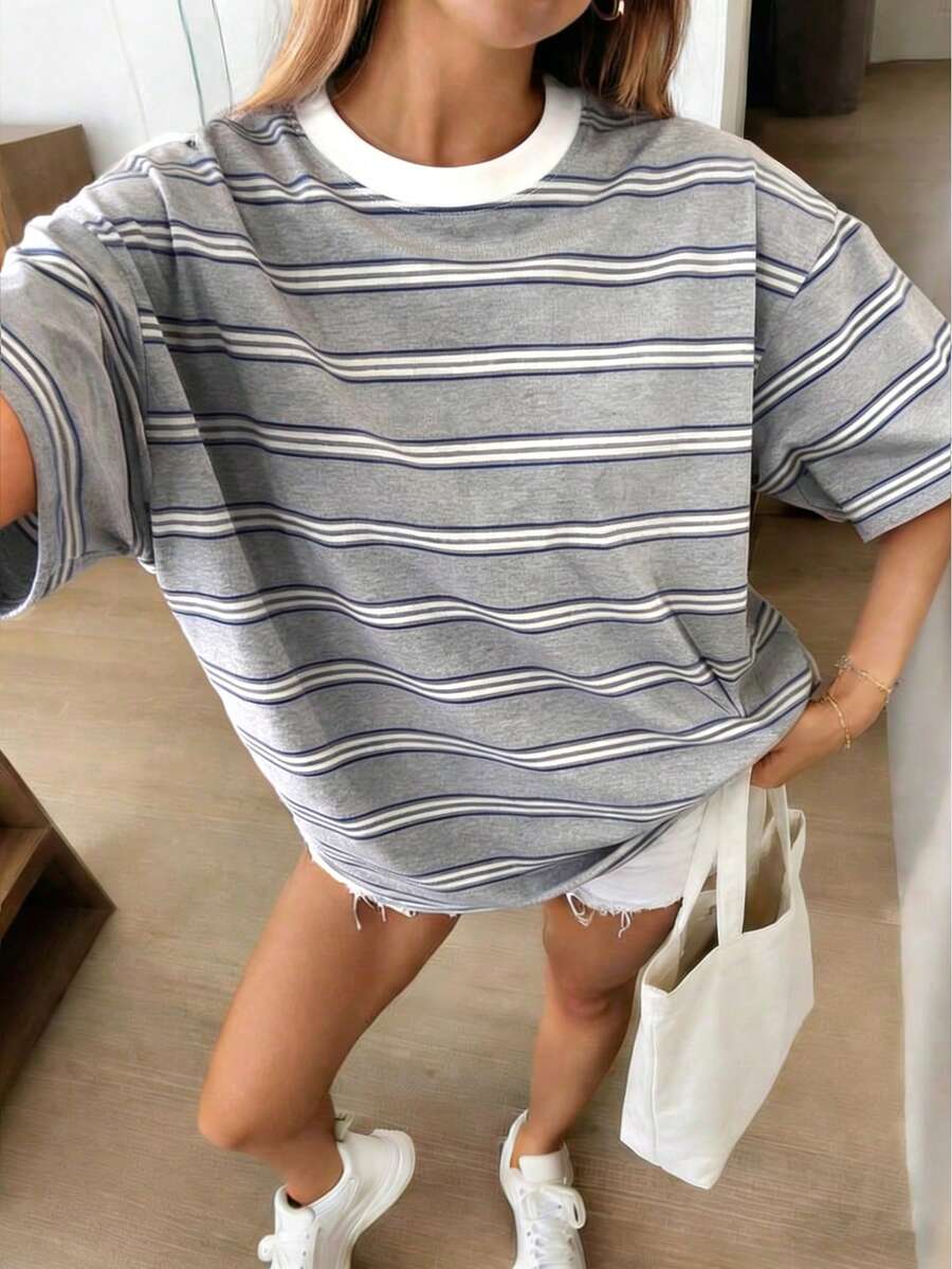 粉色撞色条纹印花夏季女装，Y2K可爱T恤，春夏休闲女式衬衫，宽松圆领短袖T恤 - 淺灰色 - 查看 1