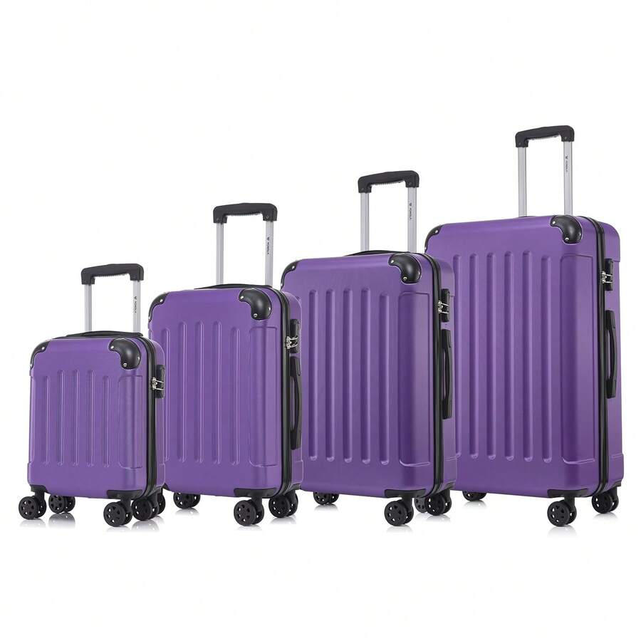 YONSLY 4-Piece Wheeled Suitcase Set With 360° Wheels, Combination Lock, Robust Double Zipper, Mesh Pocket, Soft Rubber Handle, 16/20/24/28 Inch Trolley Suitcase, Hard Shell Carry-On Luggage Set (4-Piece Set, S, M, L & XL) - 紫色 - 查看 1