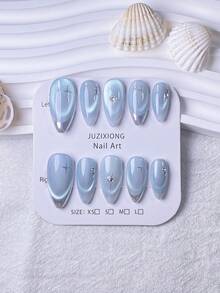 10pcs Handmade Almond-Shaped Silver Metal Nail Stickers, French Pointed Design, Light Blue Cat Eye Effect, Silver Star Diamond Accents. Fashionable Luxurious, High-End. Suitable For Various Occasions To Match Different Outfits. Easy To Apply And Remove, One-Click Nail Art - Baby Blue - View 3