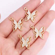10个高品质水钻心形、蜻蜓、花朵、星形合金吊坠，适用于女士耳环、手链、项链、钥匙扣、DIY首饰 - 金色 - 查看 5
