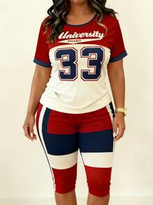 Plus Size - Plus Size - A Two-Piece Set For Women Featuring A Plus-Size Short-Sleeve Top With A Round Neck And Red-Blue Striped Print, Along With Matching Shorts. This Spring And Summer Outfit Is Perfect For, Casual Wear, And Everyday - 混合色 - 查看 3