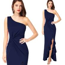 Women's Summer Ruffled Hem Floor Length Evening Dress Large Slit Solid Color  Elegant Party Cocktail Dress - 紅色 - 查看 9