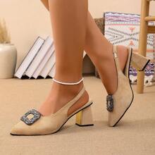 Women's Suede Crystal Square Buckle Open Back Chunky Heel Sandals, Pointed Toe Slip-On Elegant French Style Mules For Spring & Summer - Apricot - View 5