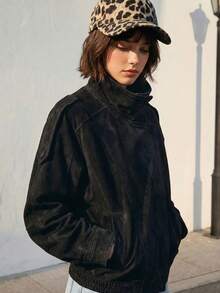 TRAFZA 女士宽松仿皮立领 PU 皮革夹克，时尚优雅外套，长袖休闲拉链夹克，春季必备 - 麂皮黑 - 查看 2