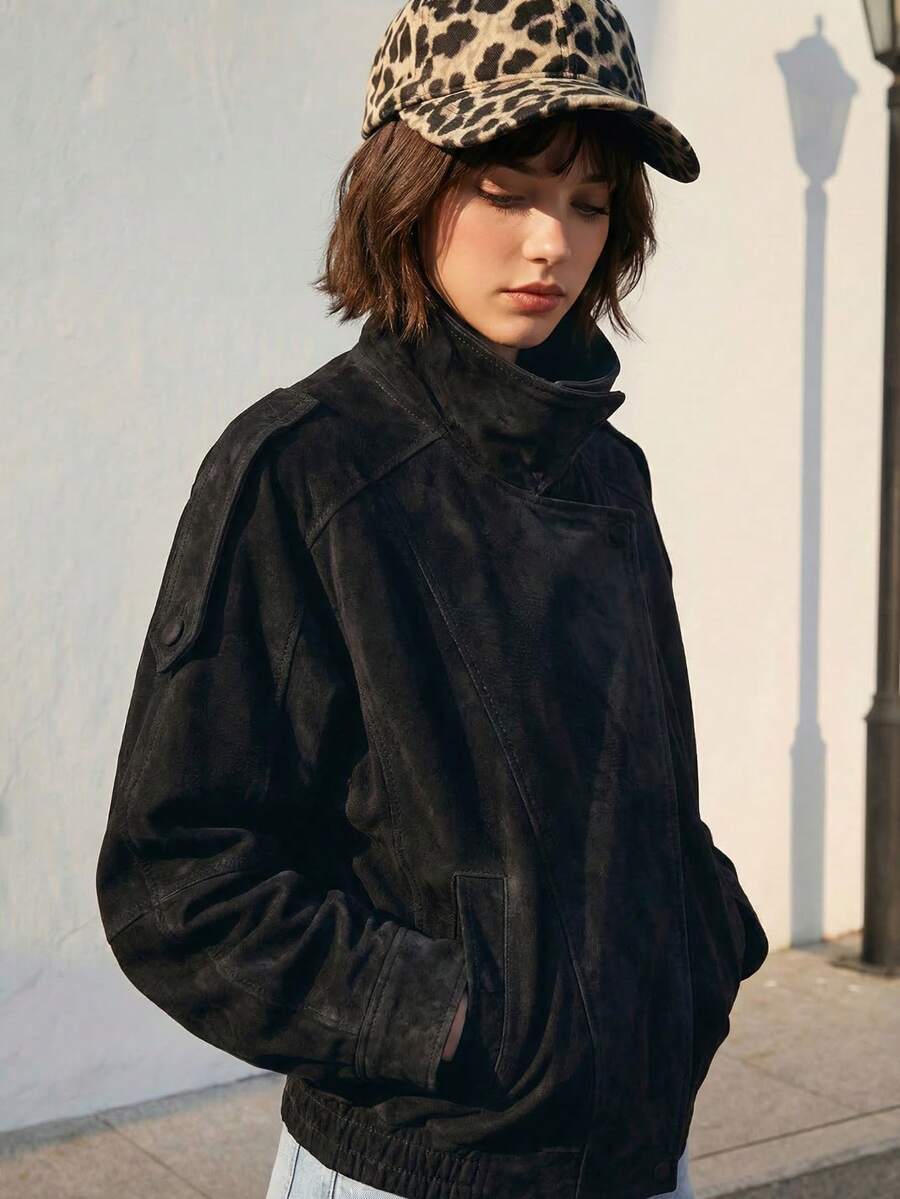 TRAFZA 女士宽松仿皮立领 PU 皮革夹克，时尚优雅外套，长袖休闲拉链夹克，春季必备