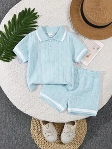 Bộ 2 món gồm áo polo và quần short dệt jacquard cho bé trai sơ sinh, thích hợp cho mùa hè. - Màu xanh Bạc hà - Xem 1