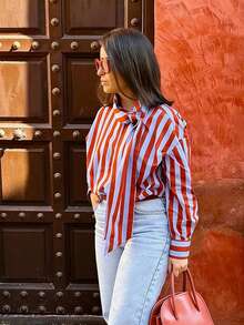 Áo sơ mi nữ thanh lịch với họa tiết sọc tương phản và nơ, kiểu dáng mới cho mùa xuân hè, thích hợp mặc đi nghỉ mát hoặc đi chơi. - Đỏ - Xem 2