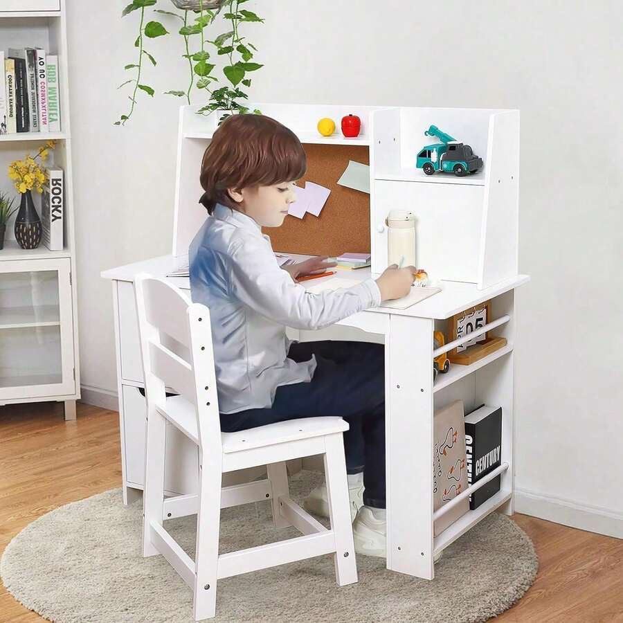 Kids Desk and Chair Set, Mesa de Estudio Infantil con Silla y Almacenamiento - Juego de Escritorio para Niños 3-8 Años, Incluye Estantería y Gabinetes, Ideal para Aprender, Pintar y Jugar. - Blanco - Ver 1