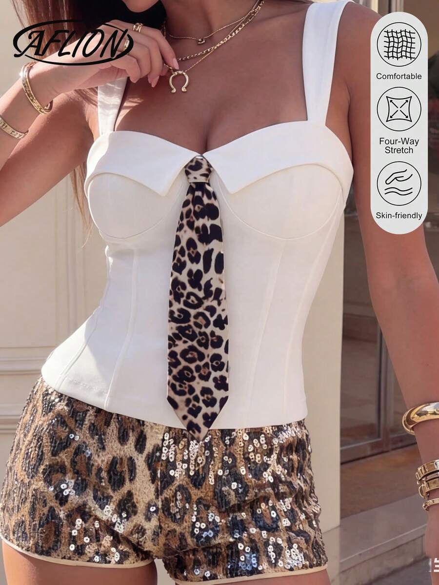 女士白色豹纹系带心形领露脐背心 - 无袖修身款，时尚性感，适合夏季、派对、夜店、约会、情人节、狂欢节、新年等场合。 - 白色 - 查看 1
