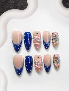 10Pcs Dopamine Style Handmade Press On Nail,Polygel Nail Set,3D Pink Dollar Sign Accents,Colorful Speckles,Blue Nail Polish,Energetic Style,Includes Nail Tools,3 Sizes Available,Almond,Duck,Coffin Nails For Party,Dance,Daily Wear. - Multicolor - View 3