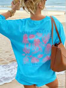 Women's Summer New Simple Cute Marine Life Print Casual Vacation Style Loose Versatile Round Neck White Short-Sleeved T-Shirt Fashionable Daily Tops Suitable For Daily Vacation Wear. Graphic Tees Women Pink Top-Unisex Comfortable Vintage Street Style Loose-Fit Washed T-Shirt - 藍色 - 查看 2