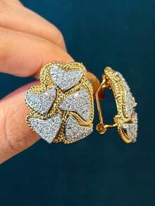 Bộ trang sức gồm bông tai và nhẫn hình trái tim bằng thủy tinh mạ vàng 18K kiểu cổ điển, chất liệu đồng giả cổ, thích hợp làm quà tặng sinh nhật và phụ kiện dự tiệc. - Vàng - Xem 7