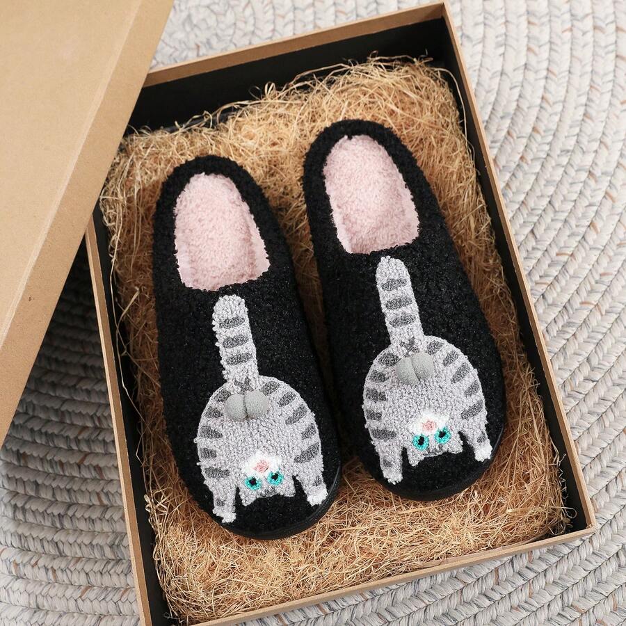 1 đôi dép bông mềm mại màu đen thêu hình mèo hoạt hình dễ thương, thích hợp cho cả nam và nữ, dùng trong nhà, phòng ngủ, mùa thu/đông, đế mềm ấm áp, món quà Giáng sinh tuyệt vời cho gia đình. - màu đen - Xem 1