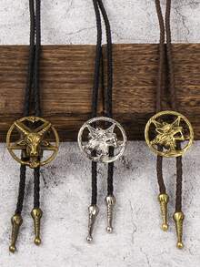 1pc Western Cowboy Wolf Head Bolo Tie, Gothic Pentagram Goat Head Necklace Pendant, Unique Accessory - Multicolor - View 1
