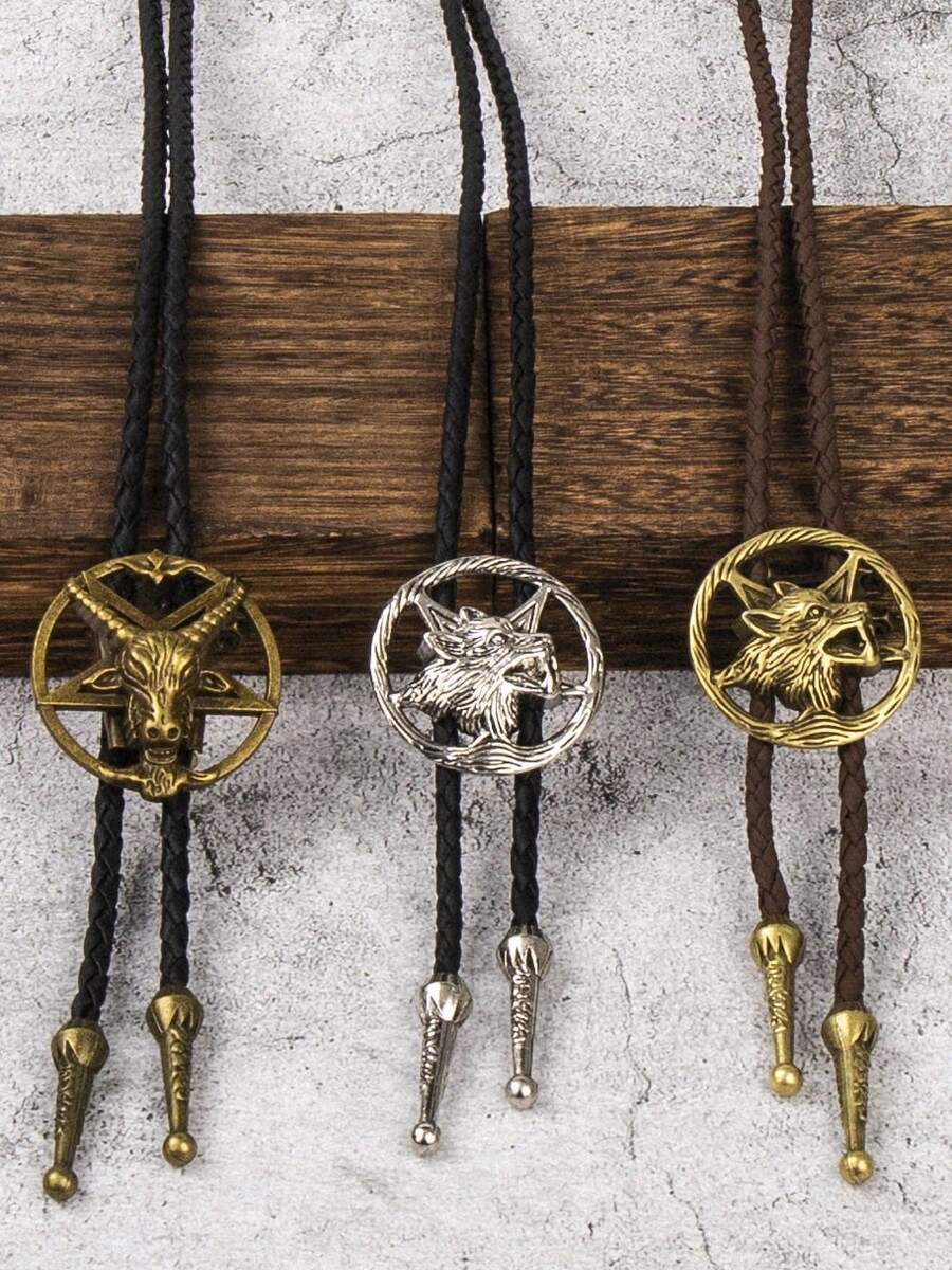 1pc Western Cowboy Wolf Head Bolo Tie, Gothic Pentagram Goat Head Necklace Pendant, Unique Accessory - Multicolor - View 1