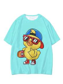 Men's Casual Cartoon Series "Funny Skateboarding Chick" Pattern Sports Set - Polyester Knit Fabric, Round Neck Design, Drawstring Shorts, Pocket Details, Regular Fit, Suitable For Plus Size - Multicolor - View 3