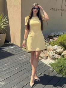 HH Women's High Waist Round Neck Petal Sleeve A-Line Dress, Black Elegant Evening Gown Summer Yellow - Yellow - View 3