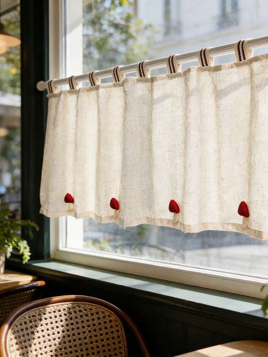 1PC Cute Red Mushroom-Shaped Japanese-Style Hanging Curtain, Small Window Curtains For Kitchens,Apartment Kitchen Curtains, Kitchen Window Valance,Cafe Style Half Curtains.