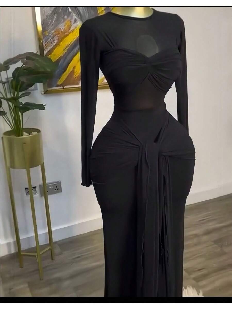 Women's Clothing 2026 Early Spring New Solid Color Long-Sleeved Round-Neck Chest Wrap Tight Temperament Long Dress - 黑色 - 查看 1