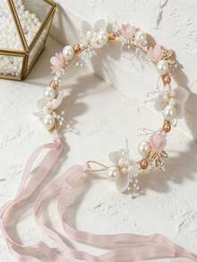 1pc 3D Flower & Pearl Headband, Bridesmaid Headpiece, Suitable For All Seasons - Multicolor - View 2