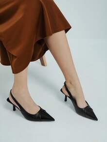 Women's Black Patchwork High Heel Shoes, Pointed Toe Slingback Pumps, 7cm Formal Party Wedding Heels - Black - View 3