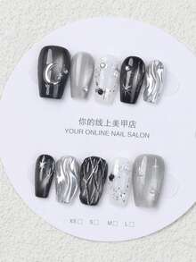 10片手工制作的黑银星月哥特风3D水波纹珍珠可重复使用假指甲，适合派对和日常佩戴 - 藏蓝色 - 查看 5