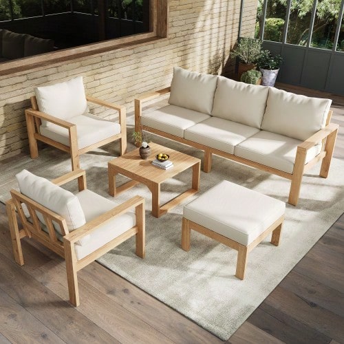 Garden Furniture Set For 4 To 6 People, Acacia Frame, 3-Seater Table + 2 Chairs + Footrest + Coffee Table, Ideal For The Garden, Natural And Cream Color.