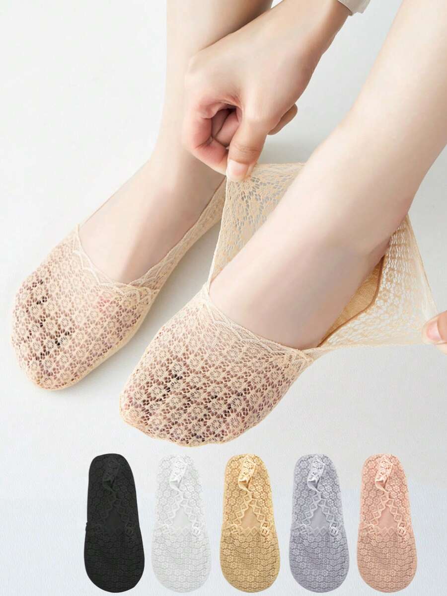 1/5/10 双女士夏季蕾丝隐形船型网眼薄拖鞋女式踝部硅胶隐形防滑袜