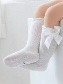 5 Pairs Kids Striped Knee High Socks, Infant Ruffle Cuff Long Socks, Baby Bow Socks, Children Hosiery - White - View 2